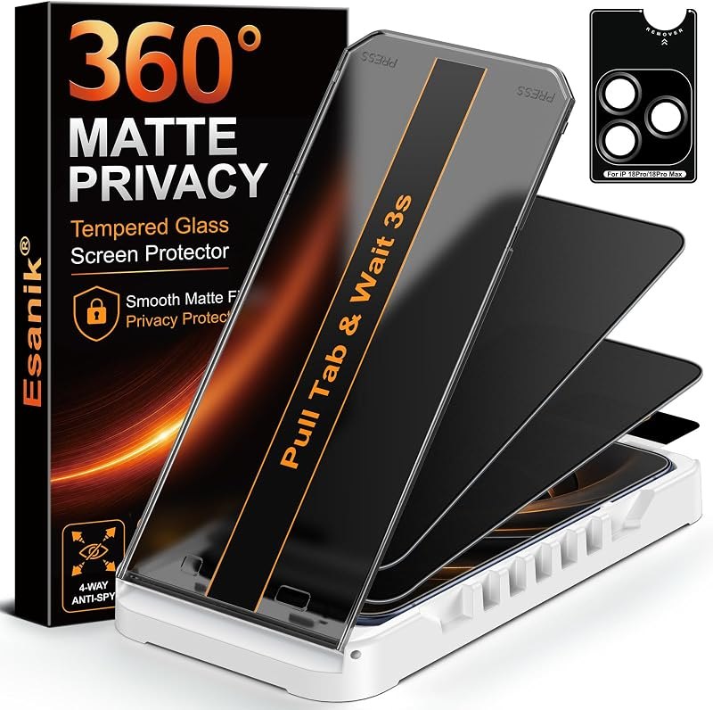 Esanik for iPhone 18 Pro Max 360° Matte Privacy Screen Protector, 2+1 Pack — screen protector for iphone pro screen