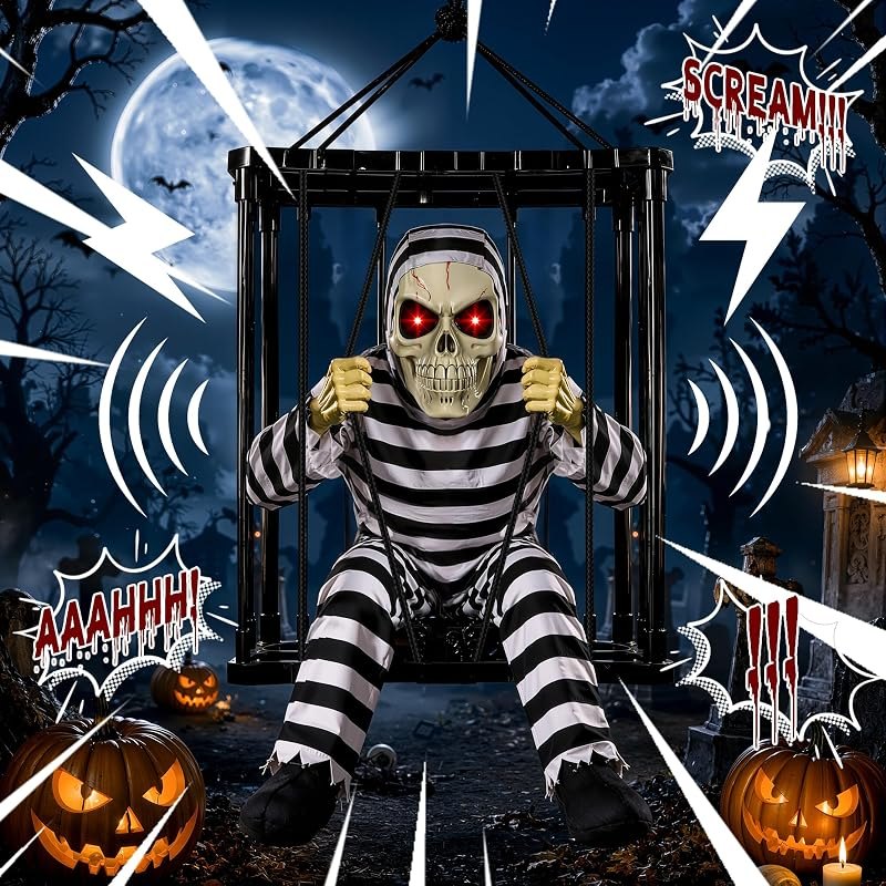 Animated Halloween Decorations Outdoor, Motion Activated Skull Prisoner — halloween animatronic amazon for halloween