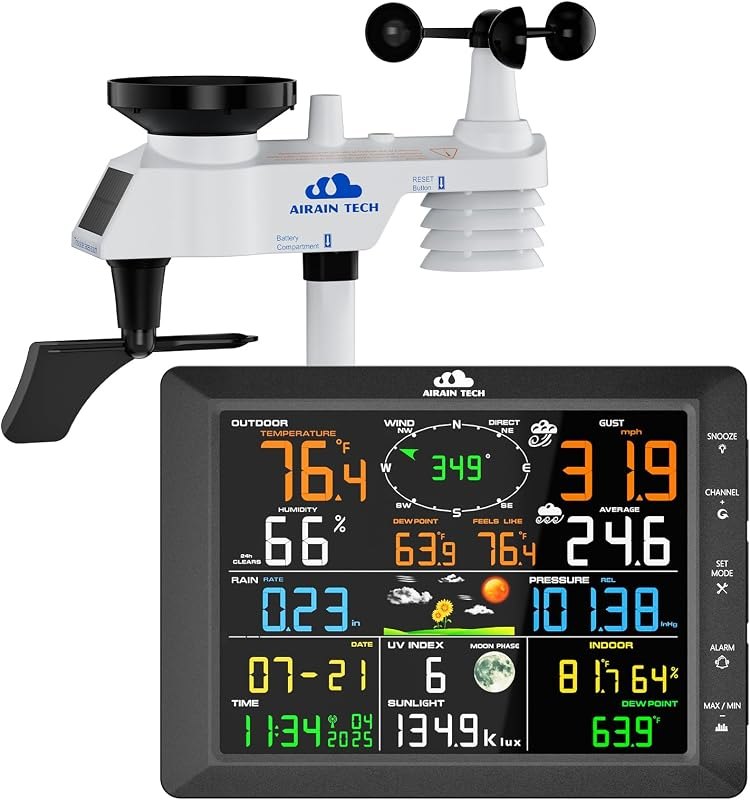 Wireless Weather Station with Outdoor Wireless Sensor, Atomic Clock, Rain Gauge, Wind Speed/Direction, Moon Phase