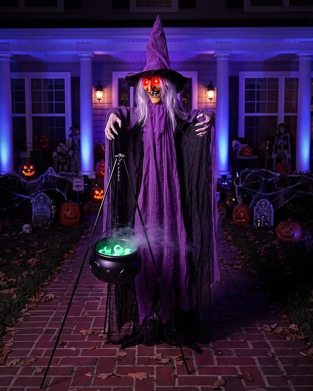 Outdoor Halloween Decorations Animatronics Witch with Witches Cauldron, Outdoor Halloween Decro, Life Size Sound