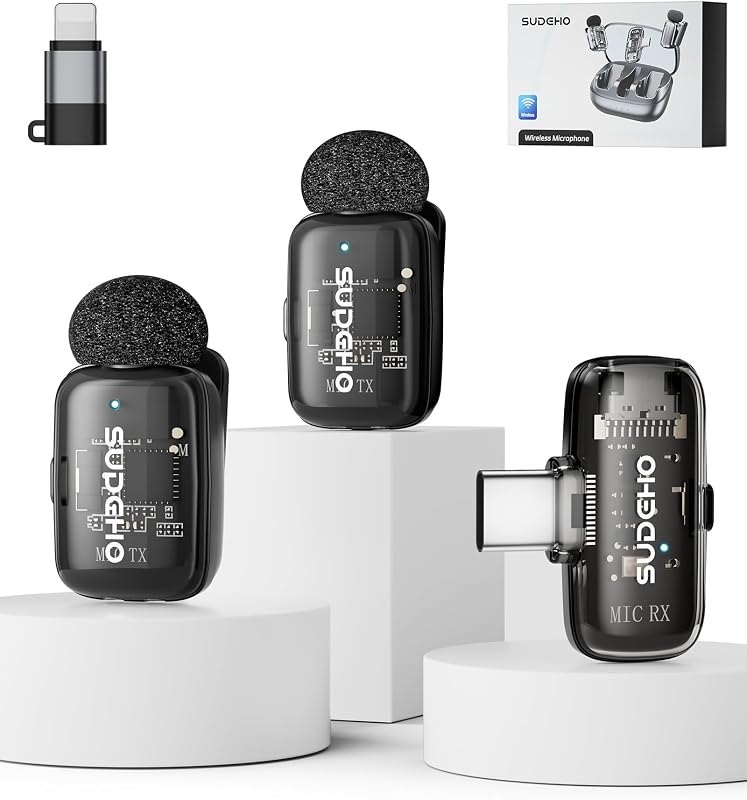 Wireless Mini Lavalier Microphones for iPhone iPad Android with Charging Case, USB C Lapel Mic with Noise Reduction &