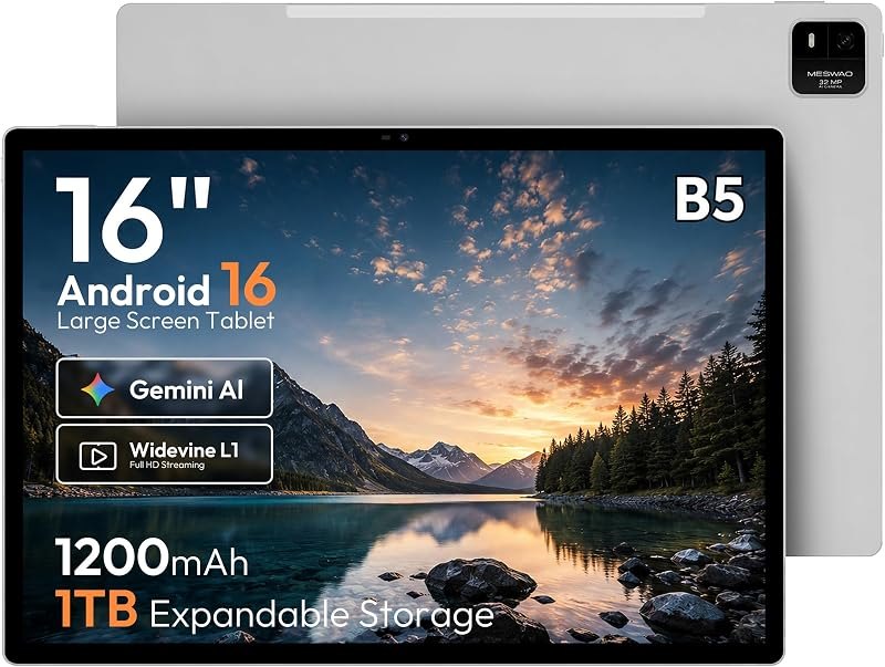 MESWAO 16-Inch Android 16 Tablet, Helio G99, 12GB RAM, 128GB Storage, Wi-Fi — Media players like VLC, image editor for