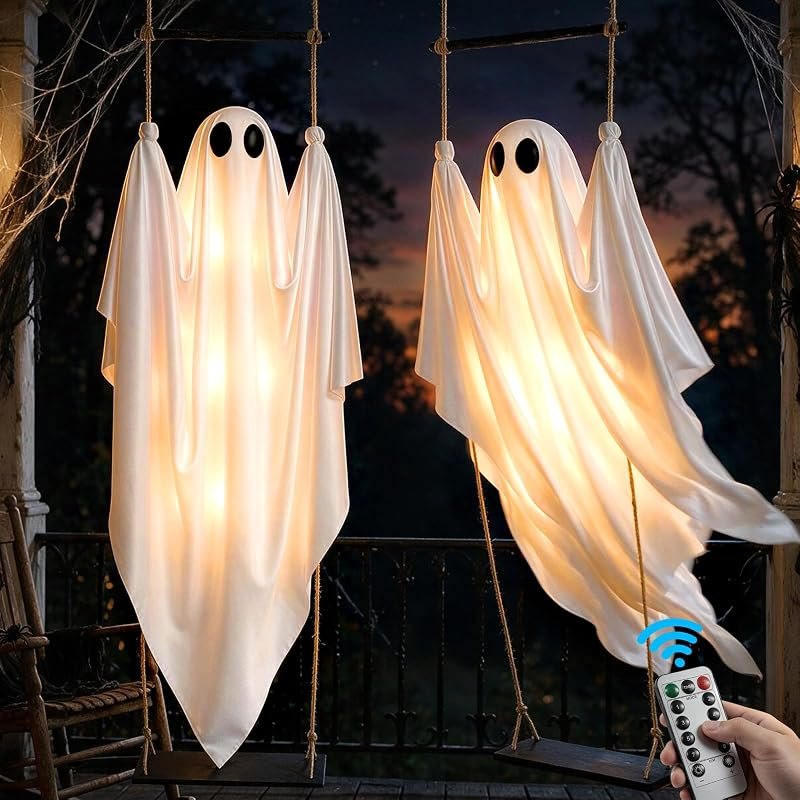 DUSFAN 2 Pack Halloween Decorations Outdoor, 5 FT Pre-Assembled Hanging Swinging Ghosts with Adjustable Arms, 8 Light