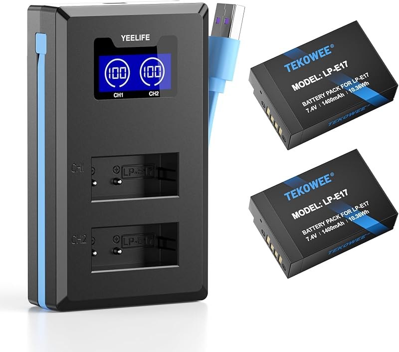 2 Pack LP-E17 Battery and LCD Charger for Canon EOS R50, R100, R10, R8/RP, Rebel T8i, T7i, T6i, T6s, SL2, SL3, M3, M5