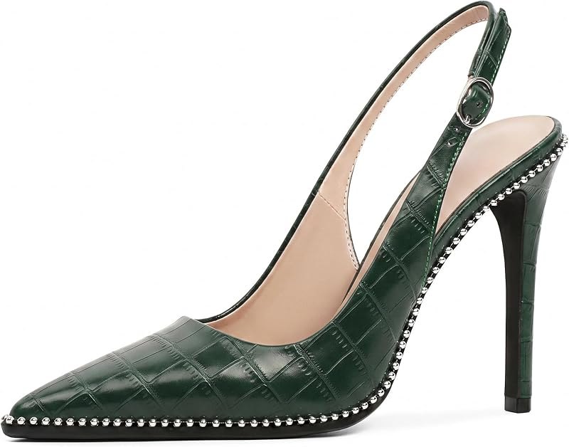 Women's Rhinestone Slingback Heels Pointed Toe Stiletto High Heel Beaded Pumps 4 Inch Dress Shoes