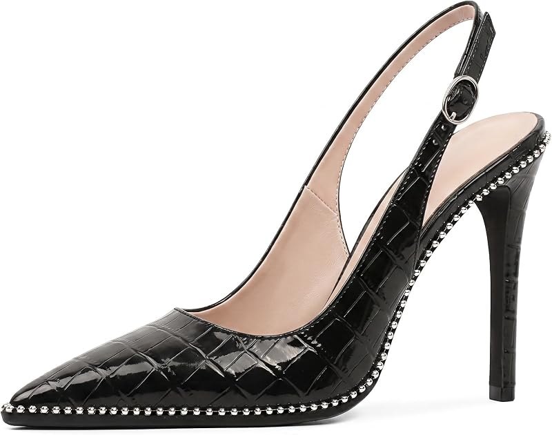 Women's Rhinestone Slingback Heels Pointed Toe Stiletto High Heel Beaded Pumps 4 Inch Dress Shoes