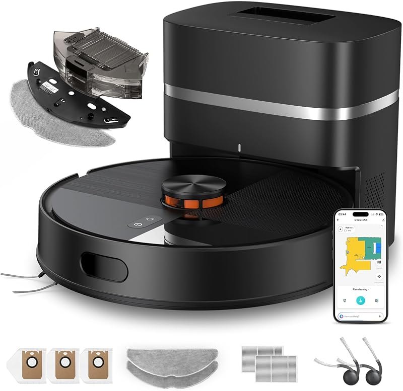 Robot Vacuum and Mop Combo, 12,000 Pa Strong Suction, dToF Laser Navigation with 5 Maps, 90 Days Self-Empty, App