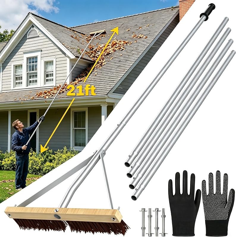 Huracan Leaf Roof Brush Year-Round, Snow Roof Rake with Gloves, 5-21ft Adjustable Leaves Snow Removal Tool, Anti-Slip