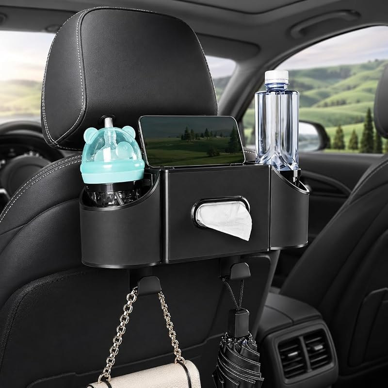 Back Seat Car Organizer, 2 Cup Holders, Tissue Holder, Phone Stand & Hooks — console for car organizer rated