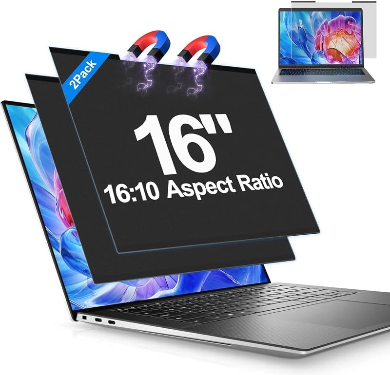 2Pack Magnetic Laptop Privacy Screen Filter 16 inch for 16:10 Widescreen Computer Monitor, Removable Anti Blue Light