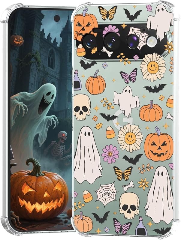 for Google Pixel 11 Pro XL Case Halloween Ghost Pumpkin, Cute Butterfly Spider Web Design Women Girls Shockproof Soft