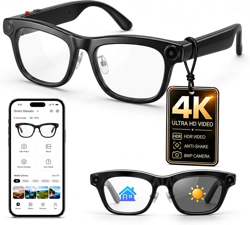 AI Smart Glasses with Camera, 4K Anti-Shake Video, Transition Lenses, Black — best smart open-ear glasses for smart