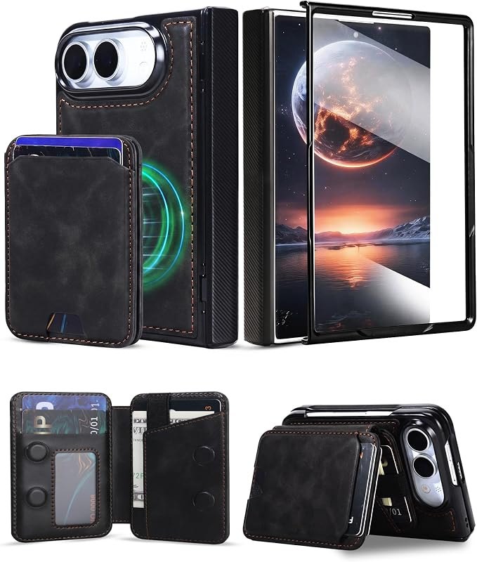 for iPhone Duo Fold PU Leather Magnetic Case with Detachable Wallet,Compatible with Magsafe,Built-in Screen