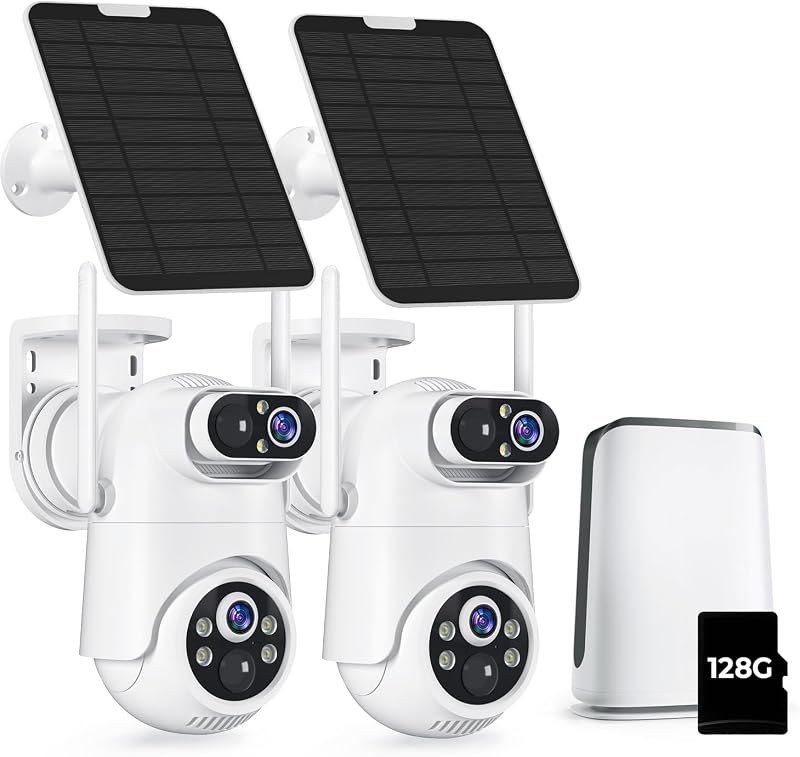 Security Cameras Wireless Outdoor No Monthly Fee, 2 Cam Kit Dual-Lens Solar Security Camera System,128GB Local