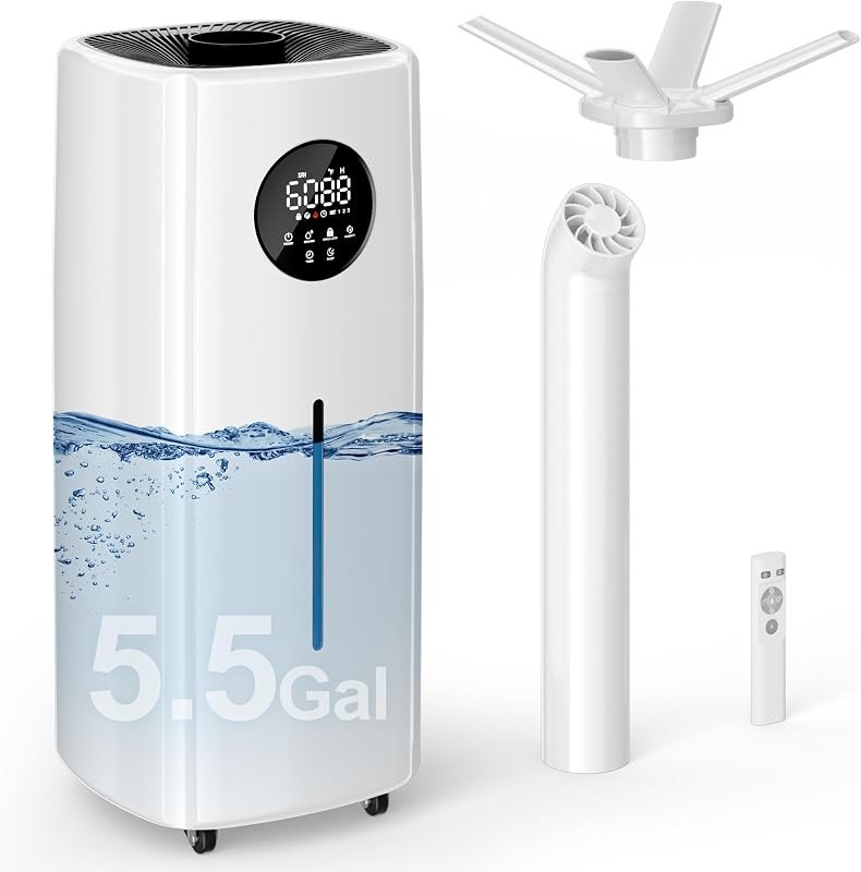 Uthfy 21L/5.5Gal Humidifier Large Room, 2000ml/h 3‑Nozzle 360° Whole‑Room Humidifiers 3000sq.ft, Top Fill & Water Tank