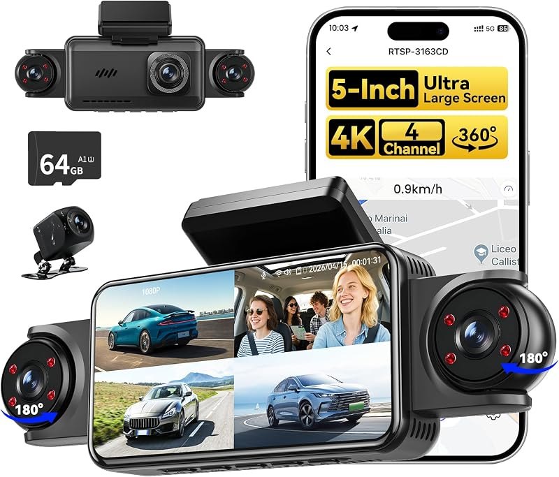 5'' Extra Large 4K Dash Cam Front Rear Left Right, 360° 4 Channel Dash Cam — best parking mode dash cam for parking