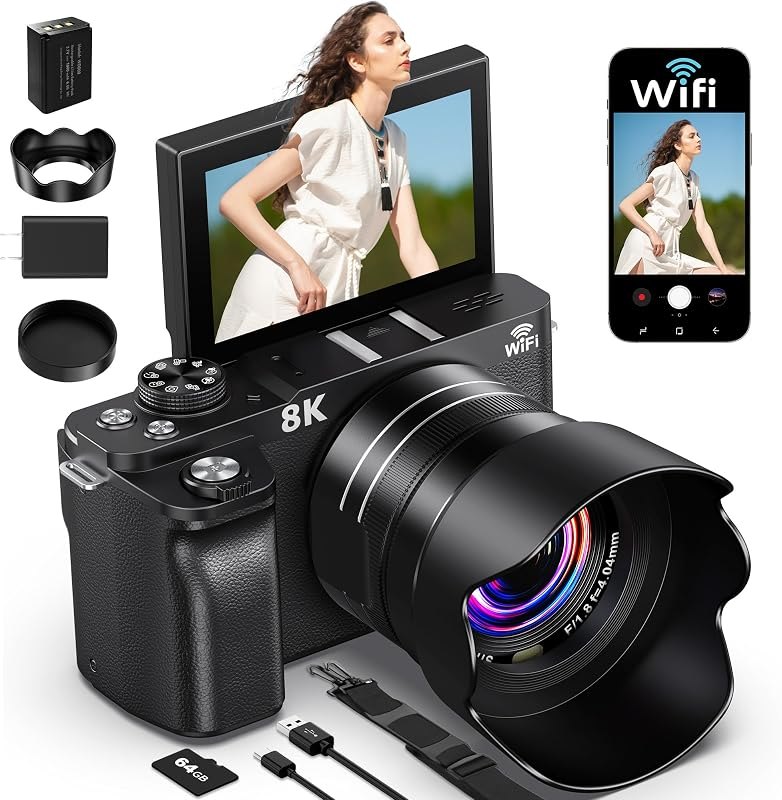 8K Digital Camera, 88MP WiFi Cameras for Photography, 3" 180° Flip Screen
