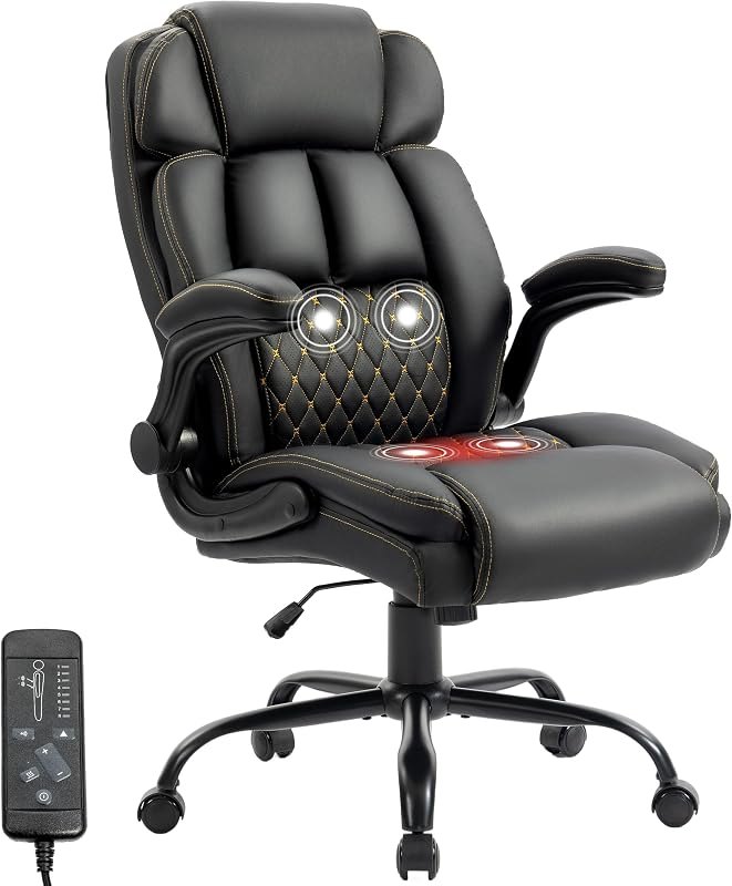 Massage Office Chair,500LBS Ergonomic Rocking Executive Desk Chairs with 4 Points Vibration&Heat,Padded Flipup
