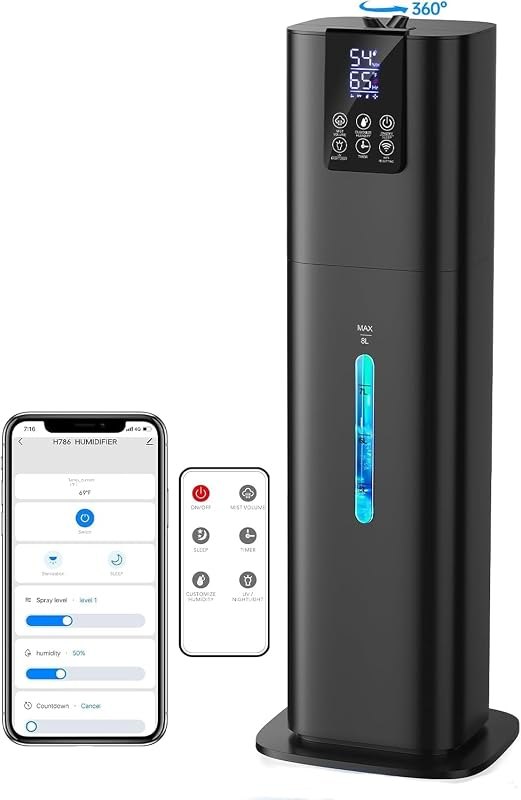 8L Smart Humidifiers for Bedroom Large Room, 2.1Gal Cool Mist Top Fill Diffuser Ambient Light, App & Remote Control, 3