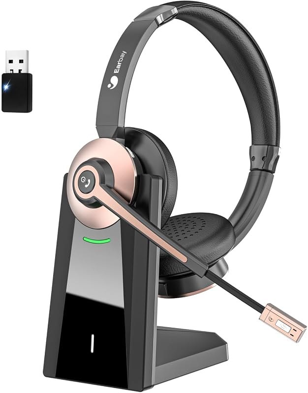 Earbay Wireless Headset, Bluetooth Headset with Microphone Noise Canceling, Wireless Headphones with Mic Mute/USB