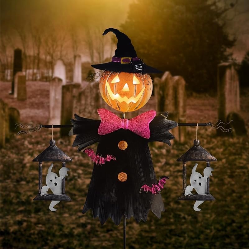 Metal Scarecrow Shape Jack O' Lantern, Solar Halloween Decorations Outdoor — halloween pathway lights for halloween