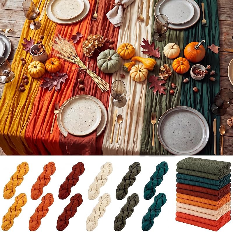 Remagr 12 Pcs Fall Thanksgiving Cheesecloth Gauze Table Runners Earthy Tone — best fall table runner for fall table