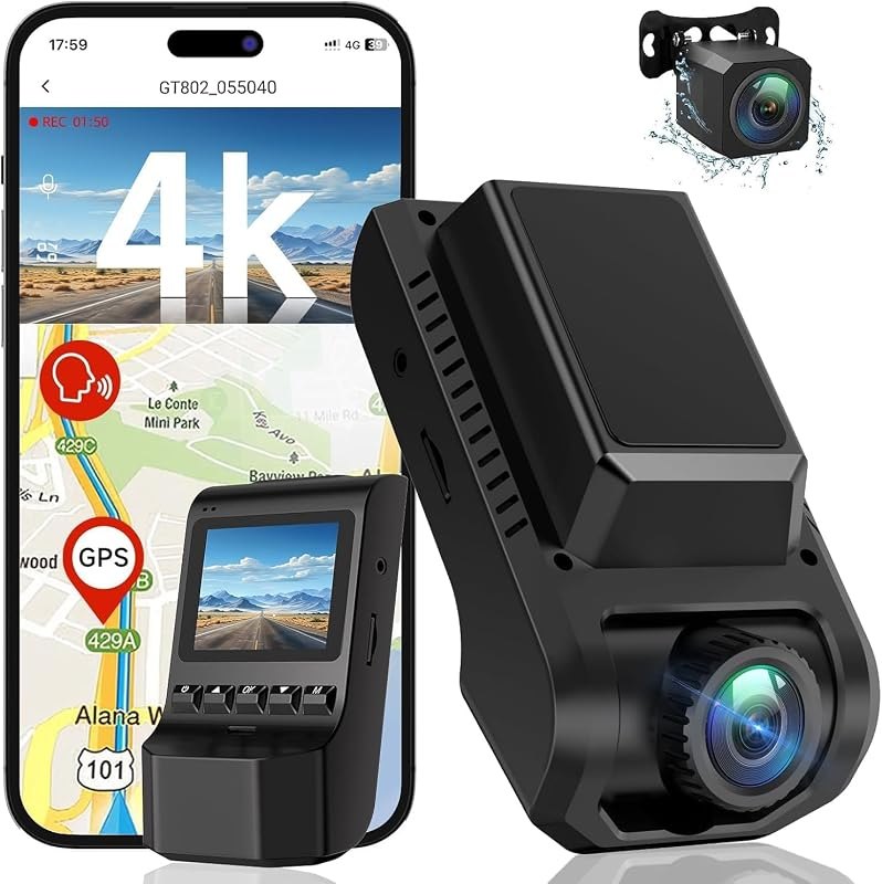 4K+1080P Front and Rear Dash Cam for Cars, Built-in WiFi and GPS
