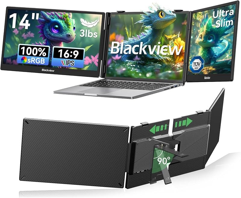 Blackview Laptop Screen Extender, 14" 1080P FHD IPS Triple Portable Monitor, Ultra-Slim Travel Dual Monitor Fit for