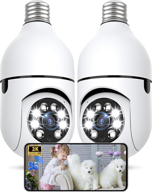 Light Bulb Security Camera Outdoor, 2K 5GHz & 2.4GHz WiFi Bulb Cameras for Home Security, 360° PTZ Wireless Cam with