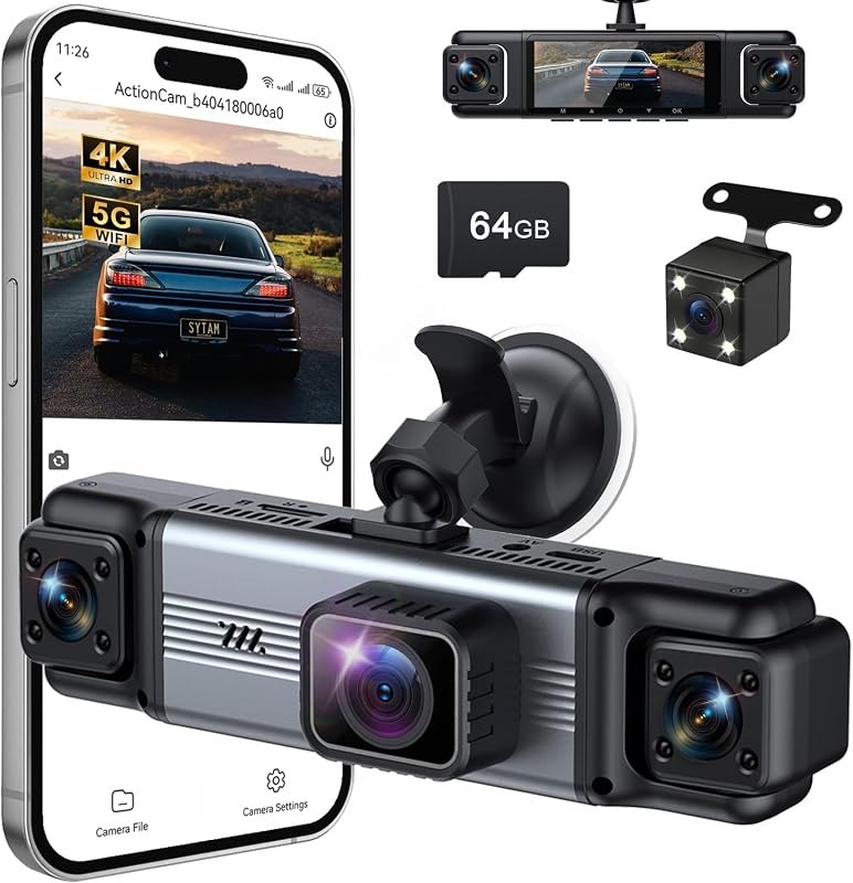 4 Channel 360° Dash Cam Front and Rear Inside, 64GB Card Included — rear dash cam amazon for rear dash cam