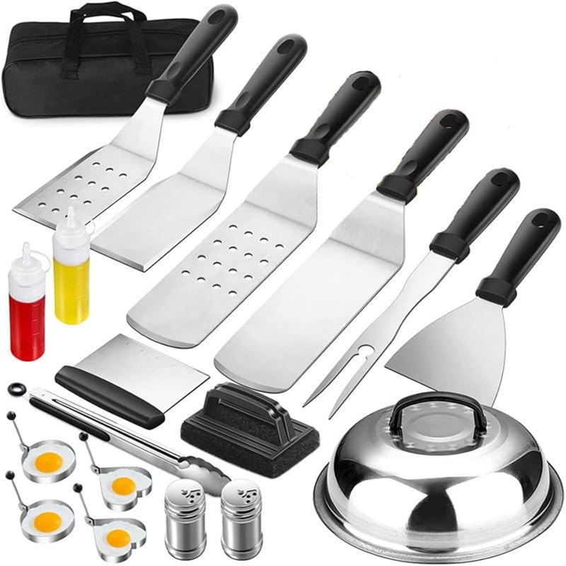 Gralara Flat Griddle Tools Kit Anti-Slip Stainless Steel Griddle Kit Ergonomic Handle Outdoor Camping Cooking Tool Set