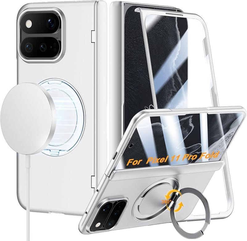 Magnetic Case for Google Pixel 11 Pro Fold with 360 Stand, Silver — Pixel 11 Pro Fold hinge protector for pixel pro