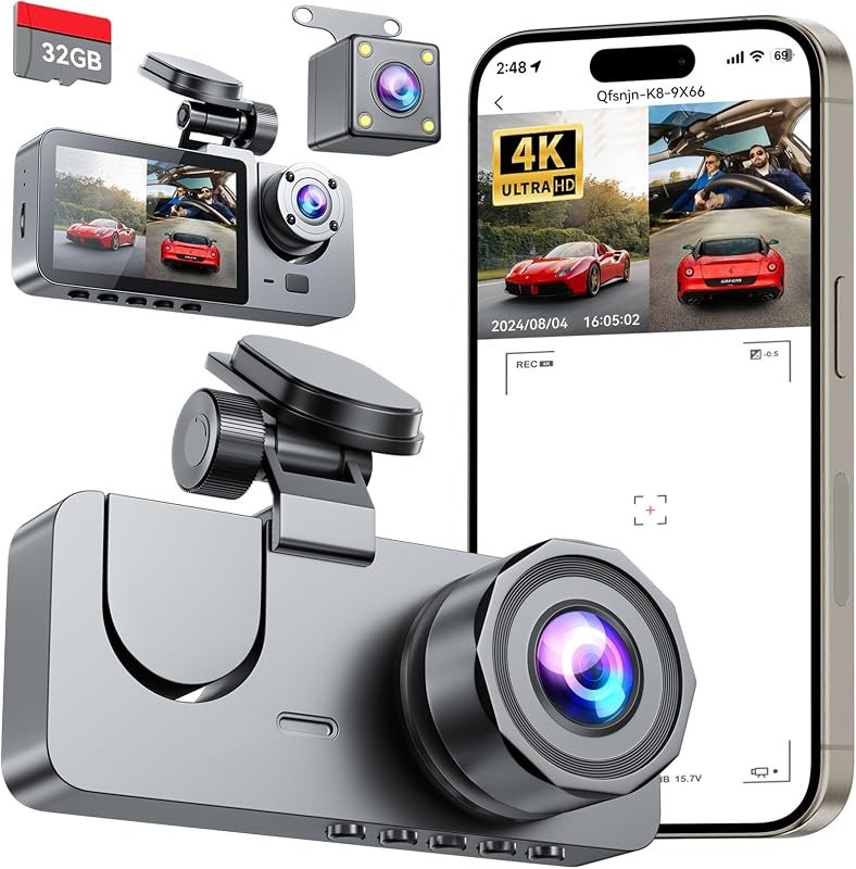 Dash Cam Front and Rear Inside 3 Channel 4K Full UHD Dash Camera for Cars — best parking mode dash cam for parking
