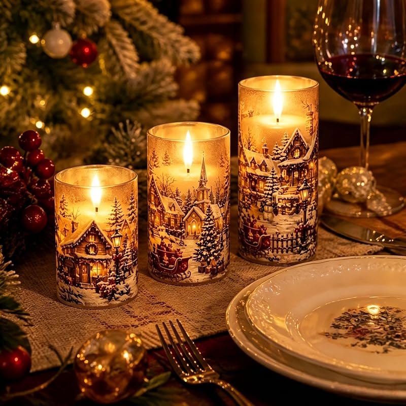 Christmas Decor, Set of 3 Christmas Flameless Flickering Candles, Snowman House Print, Warm Light, Dinner Window