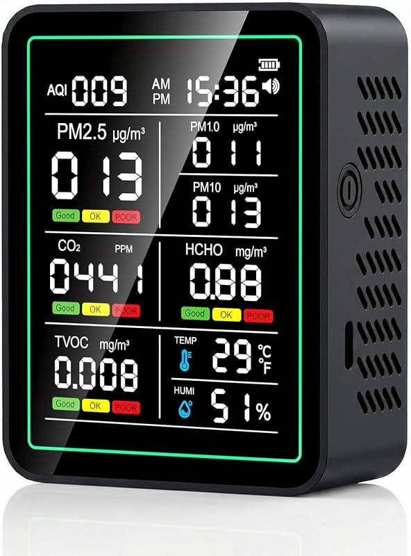 Air Quality Monitor Indoor, 10-in-1 Portable Smart Real-Time CO2 Detector