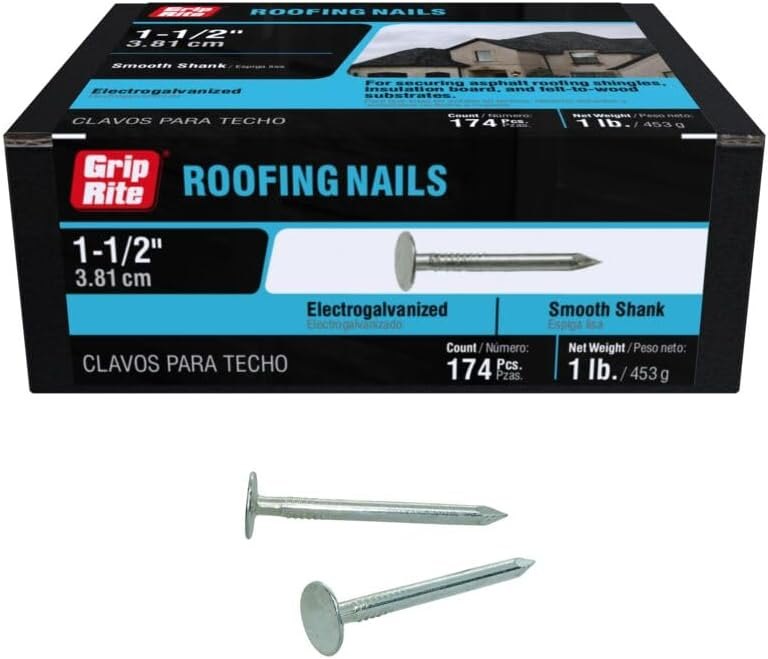 Grip-Rite Electro-Galvanized Roofing Nails - Secure Asphalt Shingles, Insulation Board, and Felt - 1-1/2" - 1 lb Pack