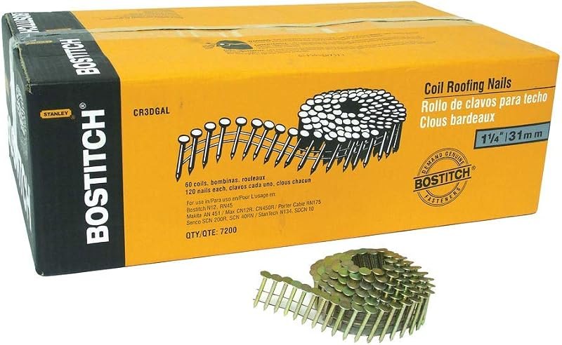 BOSTITCH Roofing Nails, Wire Collated Coil, 1-1/4-Inch, Smooth Shank, 15-Degree, 7200-Pack (CR3DGAL)