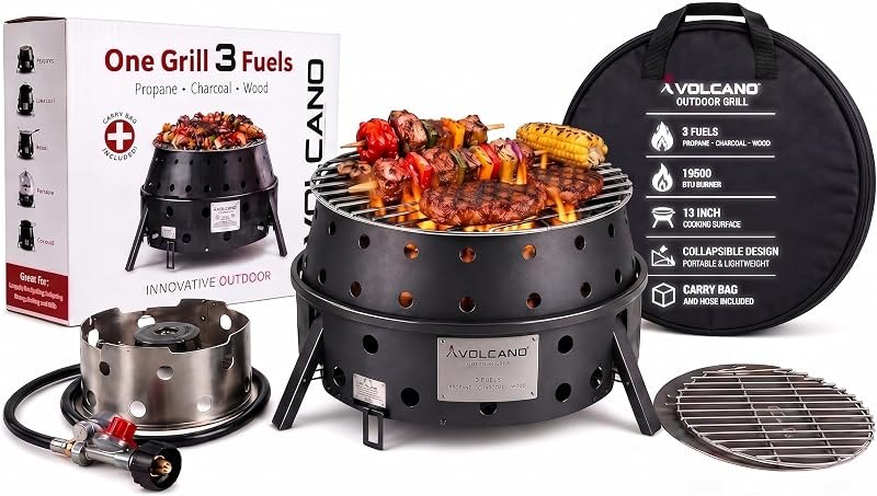 Volcano 3 Collapsible Portable Outdoor Grill/Stove, Propane, Charcoal and Wood, 19500 BTU Burner, 13 Inch Cooking