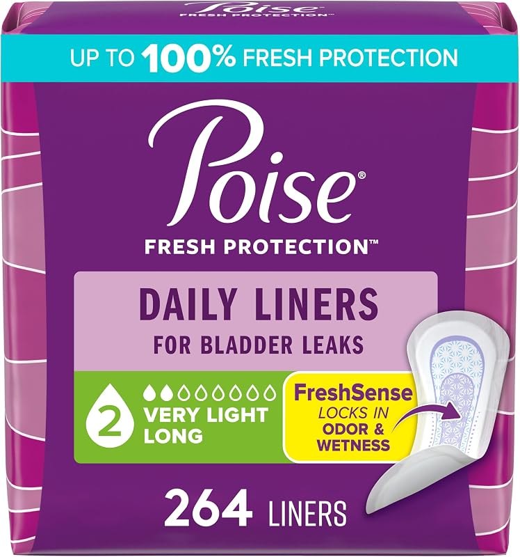 Poise Daily Liners, Incontinence Panty Liners for Bladder Leaks, 2 Drop Very Light Absorbency, Long Length, 264 Count