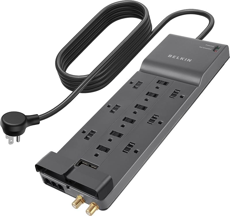 Belkin Power Strip Surge Protector with 12 AC Multiple Outlets, 10 ft Long Flat Plug Heavy Duty Extension Cord for