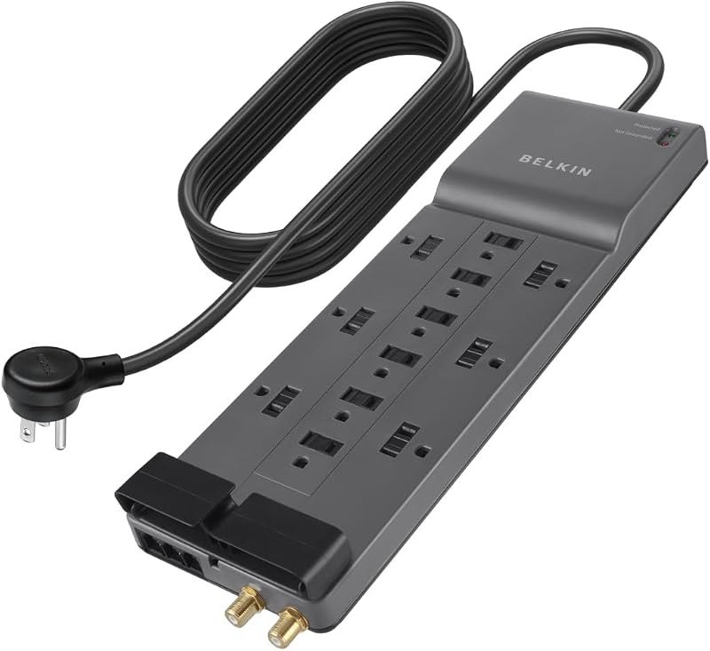 Belkin Surge Protector Power Strip w/ 12 AC Outlets & 8ft Long Flat Plug, UL-listed Heavy-Duty Extension Cord for
