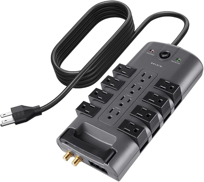 Belkin Surge Protector Power Strip w/ 8 Rotating & 4 Standard Outlets - 8ft Sturdy Extension Cord w/Flat Pivot Plug
