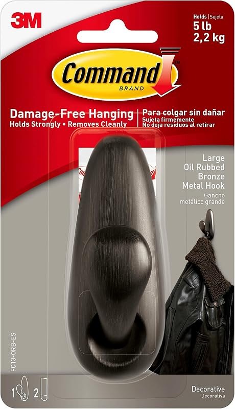 Large Metal Hook, Oil-Rubbed Bronze, Holds up to 5 lbs, 1-Hook, 2-Strips, Organize Damage-Free — best household