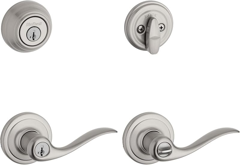 Kwikset Tustin Front Door Lock Set with Deadbolt and SmartKey, Satin Nickel — lever handle smart lock for lever handle