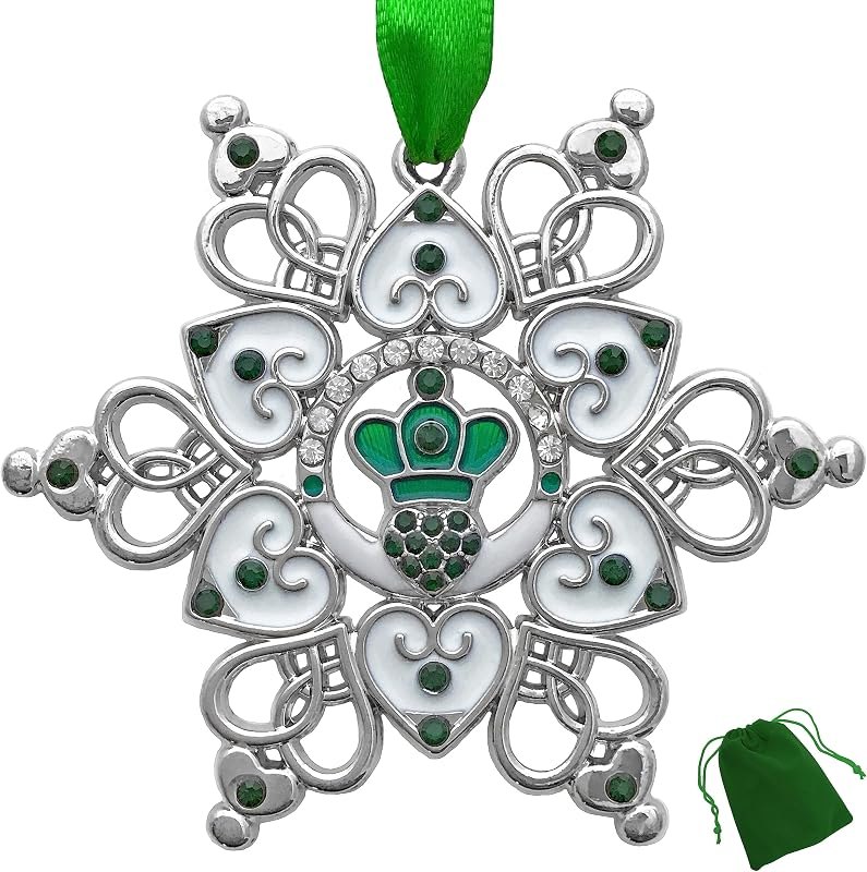 Irish Christmas Ornament Claddagh Snowflake, Filigree Metal Celtic Holiday Decoration with Green Jewels, 3 x 3 Inch