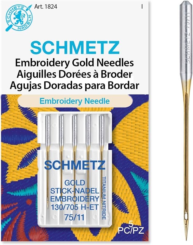 SCHMETZ Gold Embroidery Sewing Machine Needles - Titanium Coated for Smooth Stitching, Size 75/11, 5-Needle Cards