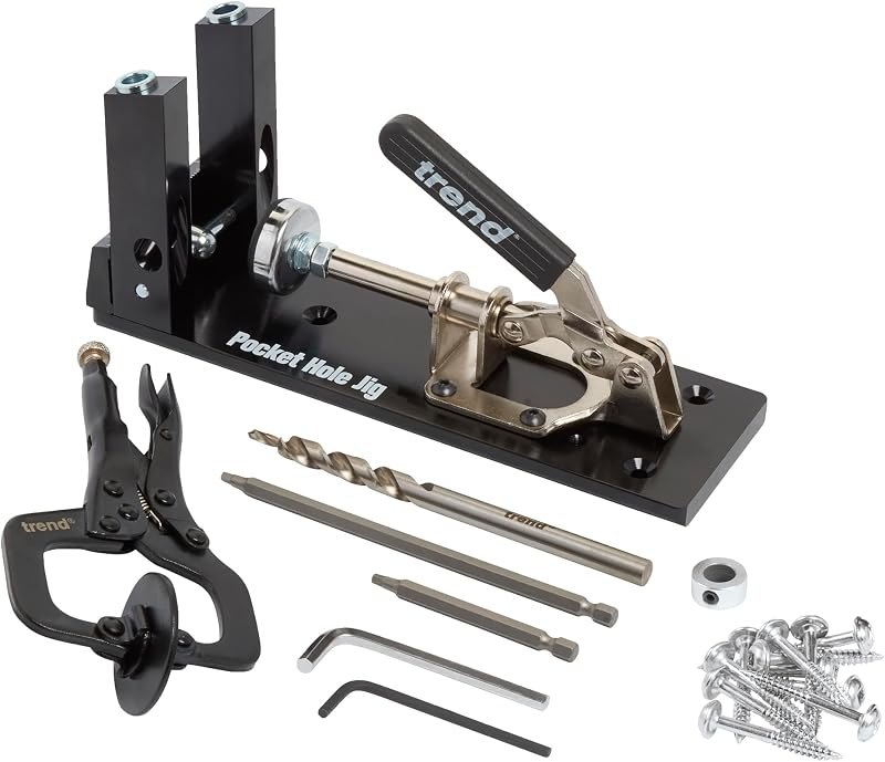 Trend Pocket Hole Jig Kit with Dual Column Jig, Face Clamp, HSS Drill Bit & Depth Setting Collar, 2 Square Bit Drives