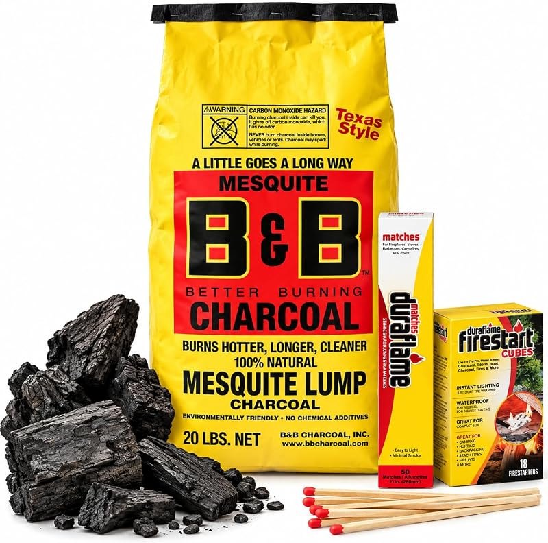 B&B Charcoal Mesquite Lump Charcoal 20 lb with Duraflame Firestart Cubes 18 Count and Long Safety Matches 50 Count —