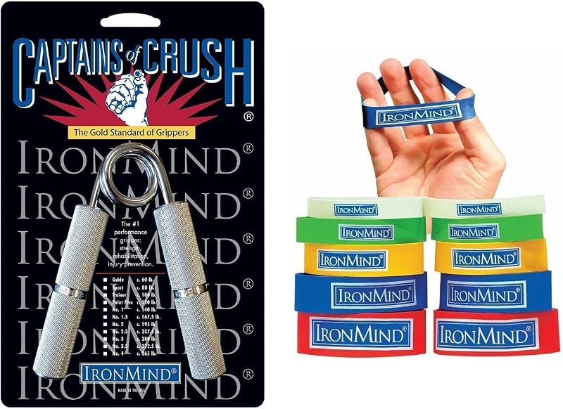IronMind Two-Way Captains of Crush Grip Strengthener Set: CoC Trainer Gripper (100 lb.) and Expand-Your-Hand Bands —