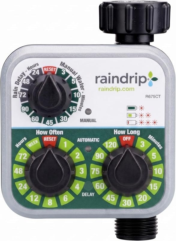 Raindrip R675CT Analog 3-Dial Water, Sprinkler Timer with Rain Delay for Drip Irrigation, Garden, Self-Watering — drip